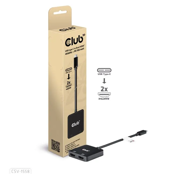 Club 3D MST Hub - CSV-1558 (3.2 USB-C to 2xHDMI, USB-C 100W PD3.0, M/F, 4k60Hz)