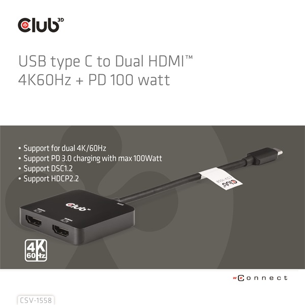 Club_3D_USB_Hub_-_CSV-1558_32_USB-C_to_2xHDMI_USB-C_100W_PD30_4k60Hz-i452996.jpg Club 3D USB Hub - CSV-1558 (3.2 USB-C to 2xHDMI, USB-C 100W PD3.0, 4k60Hz) - Image 3