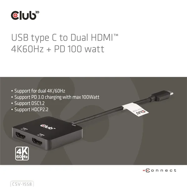 Club 3D MST Hub - CSV-1558 (3.2 USB-C to 2xHDMI, USB-C 100W PD3.0, M/F, 4k60Hz) - Image 3