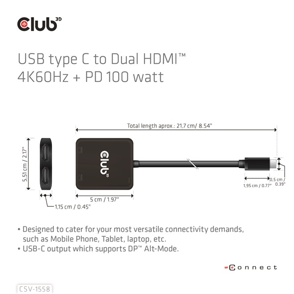 Club_3D_USB_Hub_-_CSV-1558_32_USB-C_to_2xHDMI_USB-C_100W_PD30_4k60Hz-i453001.jpg Club 3D USB Hub - CSV-1558 (3.2 USB-C to 2xHDMI, USB-C 100W PD3.0, 4k60Hz) - Image 4