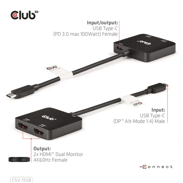Club 3D MST Hub - CSV-1558 (3.2 USB-C to 2xHDMI, USB-C 100W PD3.0, M/F, 4k60Hz) - Image 6