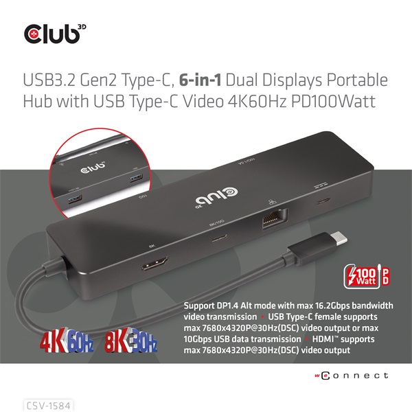 Club 3D USB Hub - CSV-1584 (3.2 USB-C Gen 2 to USB-C, 2xUSB-A, USB-C 100W PD, HDMI, RJ45, 8K60hz) - Image 8
