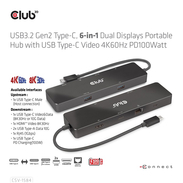 Club 3D USB Hub - CSV-1584 (3.2 USB-C Gen 2 to USB-C, 2xUSB-A, USB-C 100W PD, HDMI, RJ45, 8K60hz) - Image 9
