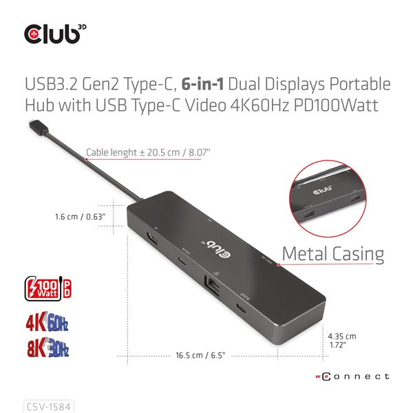 Club 3D USB Hub - CSV-1584 (3.2 USB-C Gen 2 to USB-C, 2xUSB-A, USB-C 100W PD, HDMI, RJ45, 8K60hz) - Image 10