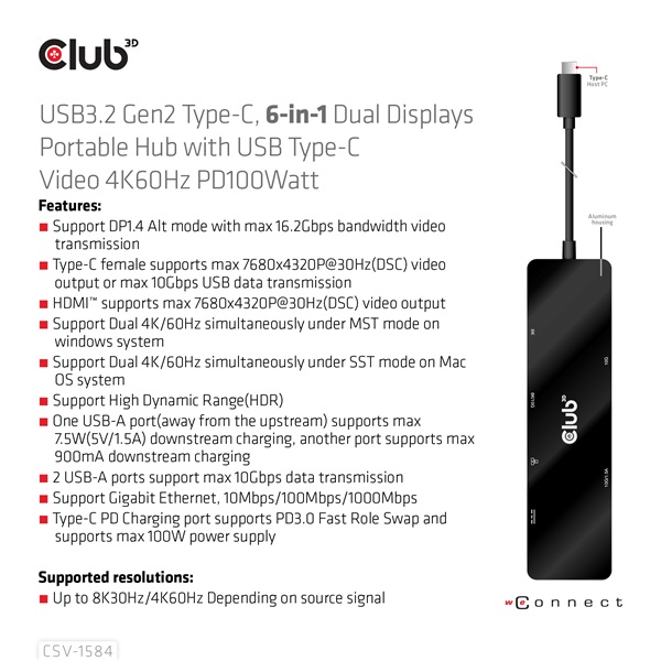 Club 3D USB Hub - CSV-1584 (3.2 USB-C Gen 2 to USB-C, 2xUSB-A, USB-C 100W PD, HDMI, RJ45, 8K60hz) - Image 12