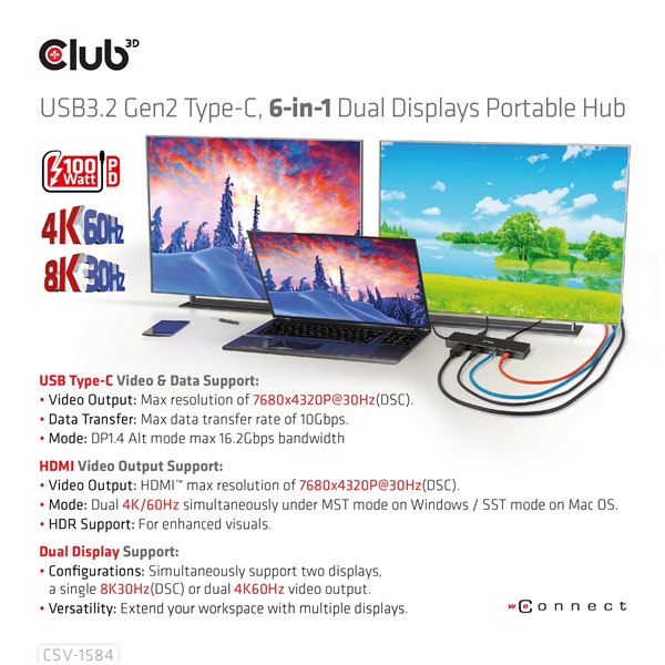 Club 3D USB Hub - CSV-1584 (3.2 USB-C Gen 2 to USB-C, 2xUSB-A, USB-C 100W PD, HDMI, RJ45, 8K60hz) - Image 14