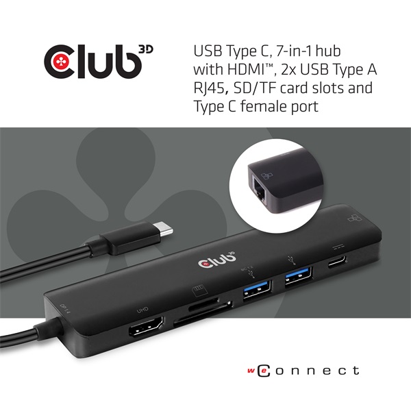 Club_3D_USB_Hub_-_CSV-1592_31_USB-C_Gen_1_to_HDMI_2xUSB-A_BC12_charge_USB-C_PD_charge_SD_Micro_SD_RJ45_4K60Hz-i452861.jpg Club 3D USB Hub - CSV-1592 (3.1 USB-C Gen 1 to HDMI, 2xUSB-A BC1.2 charge, USB-C PD charge, SD, Micro SD, RJ45, 4K60Hz) - Image 1