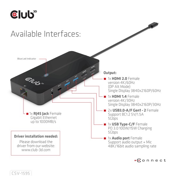 Club 3D USB Hub - CSV-1595 (USB-C Gen 1 to 2xHDMI, 2xUSB-A Gen 1, USB-C Gen 1 100W PD 3.0, RJ45, 3,5 Jack, 4k60Hz) - Image 3