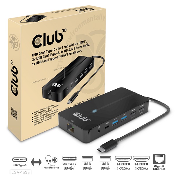 Club 3D USB Hub - CSV-1595 (USB-C Gen 1 to 2xHDMI, 2xUSB-A Gen 1, USB-C Gen 1 100W PD 3.0, RJ45, 3,5 Jack, 4k60Hz) - Image 4