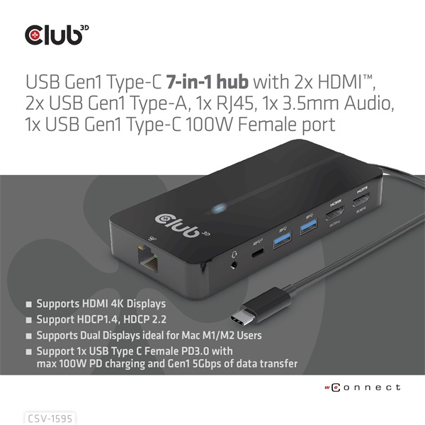 Club 3D USB Hub - CSV-1595 (USB-C Gen 1 to 2xHDMI, 2xUSB-A Gen 1, USB-C Gen 1 100W PD 3.0, RJ45, 3,5 Jack, 4k60Hz) - Image 5