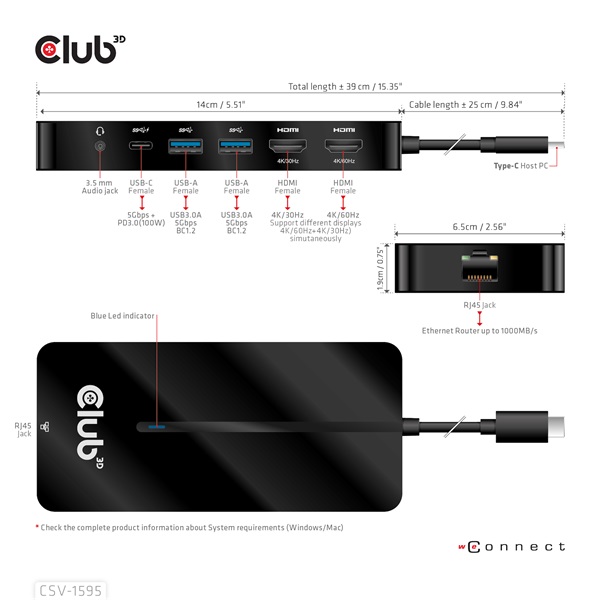 Club 3D USB Hub - CSV-1595 (USB-C Gen 1 to 2xHDMI, 2xUSB-A Gen 1, USB-C Gen 1 100W PD 3.0, RJ45, 3,5 Jack, 4k60Hz) - Image 7