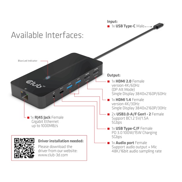 Club 3D USB Hub - CSV-1595 (USB-C Gen 1 to 2xHDMI, 2xUSB-A Gen 1, USB-C Gen 1 100W PD 3.0, RJ45, 3,5 Jack, 4k60Hz) - Image 8