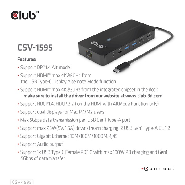 Club 3D USB Hub - CSV-1595 (USB-C Gen 1 to 2xHDMI, 2xUSB-A Gen 1, USB-C Gen 1 100W PD 3.0, RJ45, 3,5 Jack, 4k60Hz) - Image 9
