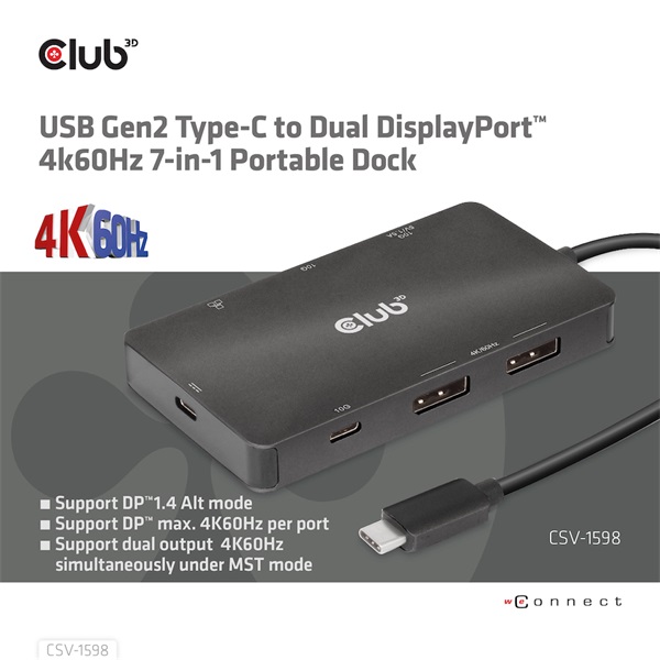 Club 3D USB Hub - CSV-1598 (USB-C Gen 2 to 2xDisplayPort, 2xUSB-A Gen 2, 2xUSB-C Gen 2, RJ45, 4k60Hz) - Image 7