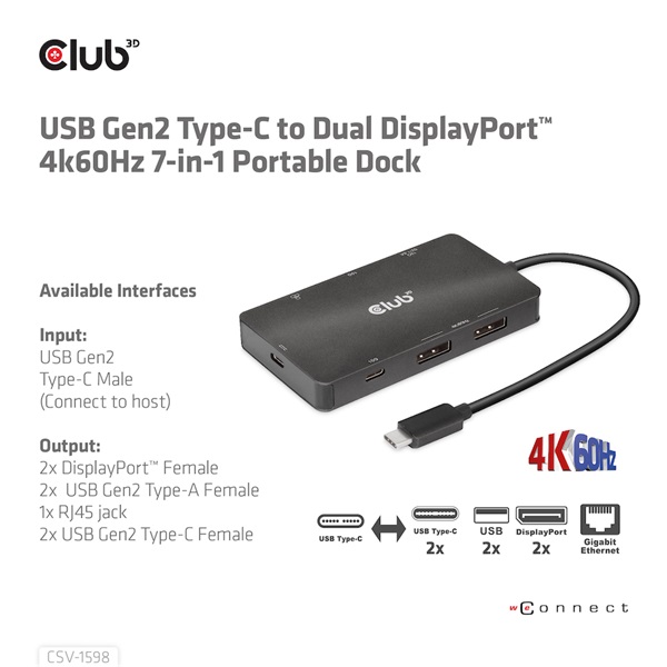 Club 3D USB Hub - CSV-1598 (USB-C Gen 2 to 2xDisplayPort, 2xUSB-A Gen 2, 2xUSB-C Gen 2, RJ45, 4k60Hz) - Image 8