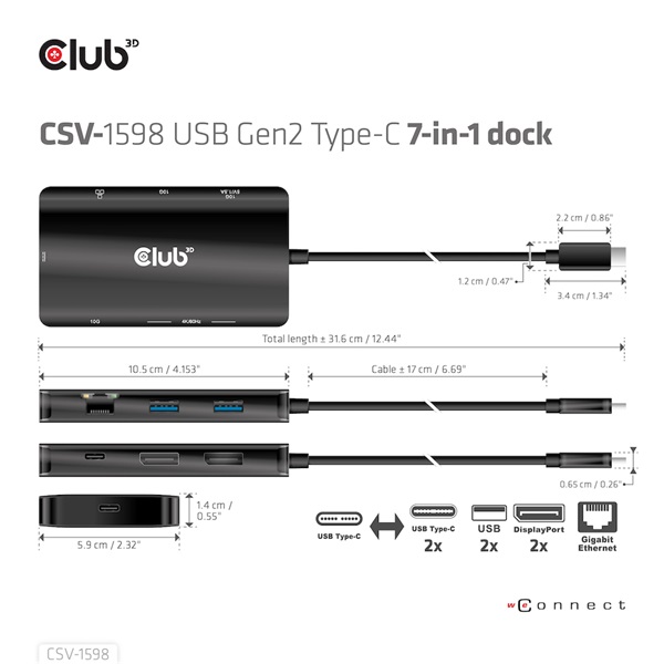 Club 3D USB Hub - CSV-1598 (USB-C Gen 2 to 2xDisplayPort, 2xUSB-A Gen 2, 2xUSB-C Gen 2, RJ45, 4k60Hz) - Image 10