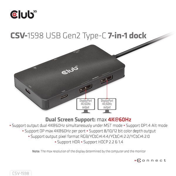 Club 3D USB Hub - CSV-1598 (USB-C Gen 2 to 2xDisplayPort, 2xUSB-A Gen 2, 2xUSB-C Gen 2, RJ45, 4k60Hz) - Image 11