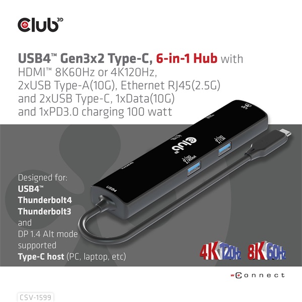 Club 3D USB Hub - CSV-1599 (USB-C 4 to HDMI, 2xUSB-A (10G), RJ45 (2,5G), USB-C 100W PD 3.0, USB-C 10Gbps, 8k60Hz) - Image 2