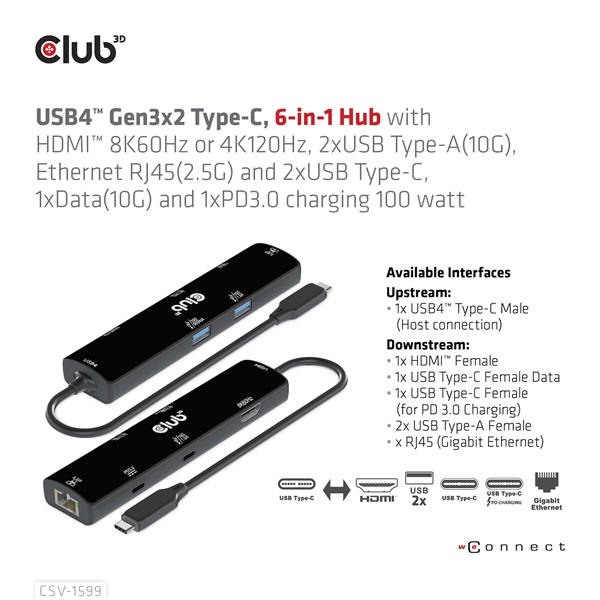 Club 3D USB Hub - CSV-1599 (USB-C 4 to HDMI, 2xUSB-A (10G), RJ45 (2,5G), USB-C 100W PD 3.0, USB-C 10Gbps, 8k60Hz) - Image 3