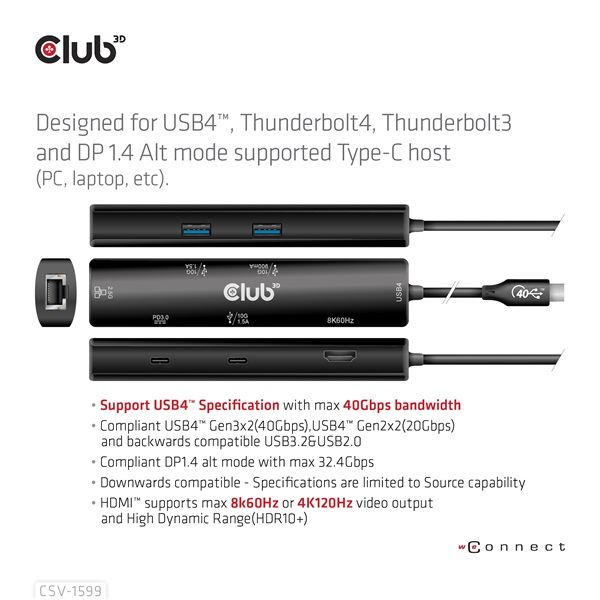 Club 3D USB Hub - CSV-1599 (USB-C 4 to HDMI, 2xUSB-A (10G), RJ45 (2,5G), USB-C 100W PD 3.0, USB-C 10Gbps, 8k60Hz) - Image 4