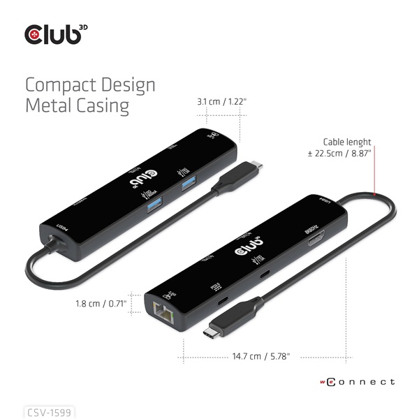 Club 3D USB Hub - CSV-1599 (USB-C 4 to HDMI, 2xUSB-A (10G), RJ45 (2,5G), USB-C 100W PD 3.0, USB-C 10Gbps, 8k60Hz) - Image 7