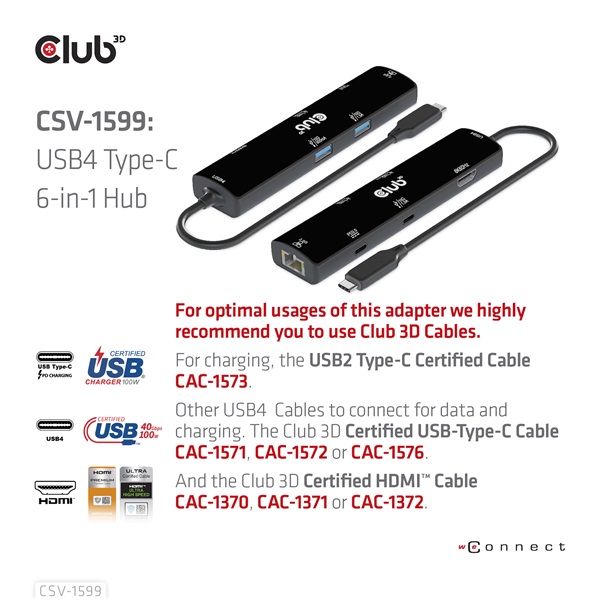 Club 3D USB Hub - CSV-1599 (USB-C 4 to HDMI, 2xUSB-A (10G), RJ45 (2,5G), USB-C 100W PD 3.0, USB-C 10Gbps, 8k60Hz) - Image 9