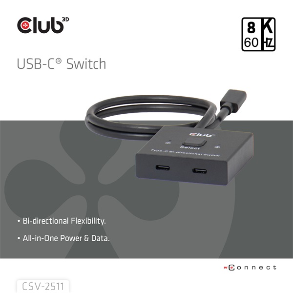 Club 3D USB Hub - CSV-2511 (USB-C to 2xUSB-C, Bidirectional, 100W PD, 8K60Hz/4K120Hz) - Image 2