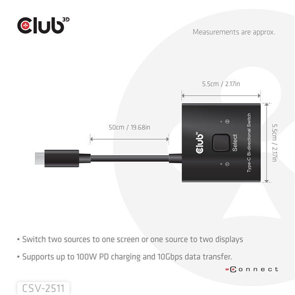 Club 3D USB Hub - CSV-2511 (USB-C to 2xUSB-C, Bidirectional, 100W PD, 8K60Hz/4K120Hz) - Image 3