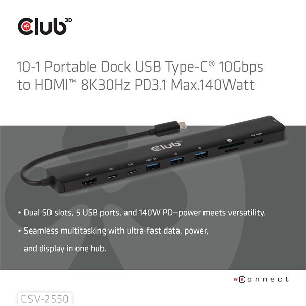Club 3D USB Hub - CSV-2550 (USB-C to 3xUSB-C, 3xUSB-A, RJ45, SD/MicroSD, 140W PD, HDMI, 8K30hz) - Image 1