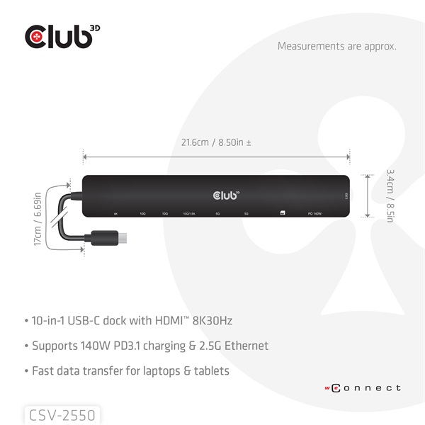 Club 3D USB Hub - CSV-2550 (USB-C to 3xUSB-C, 3xUSB-A, RJ45, SD/MicroSD, 140W PD, HDMI, 8K30hz) - Image 2