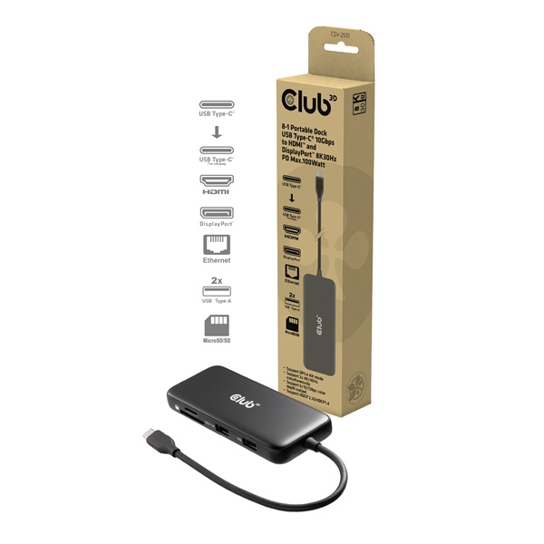 Club 3D USB Hub - CSV-2551 (USB-C to USB-C, 2xUSB-A, RJ45, SD/MicroSD, 100W PD, HDMI, DP, 8K30hz) - Image 1