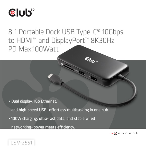 Club 3D USB Hub - CSV-2551 (USB-C to USB-C, 2xUSB-A, RJ45, SD/MicroSD, 100W PD, HDMI, DP, 8K30hz) - Image 2