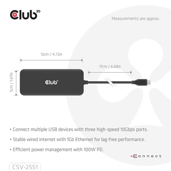 Club 3D USB Hub - CSV-2551 (USB-C to USB-C, 2xUSB-A, RJ45, SD/MicroSD, 100W PD, HDMI, DP, 8K30hz) - Image 3