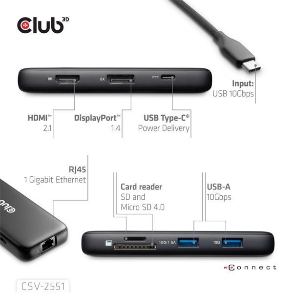 Club 3D USB Hub - CSV-2551 (USB-C to USB-C, 2xUSB-A, RJ45, SD/MicroSD, 100W PD, HDMI, DP, 8K30hz) - Image 4