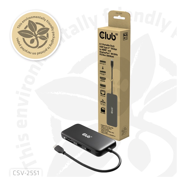 Club 3D USB Hub - CSV-2551 (USB-C to USB-C, 2xUSB-A, RJ45, SD/MicroSD, 100W PD, HDMI, DP, 8K30hz) - Image 8