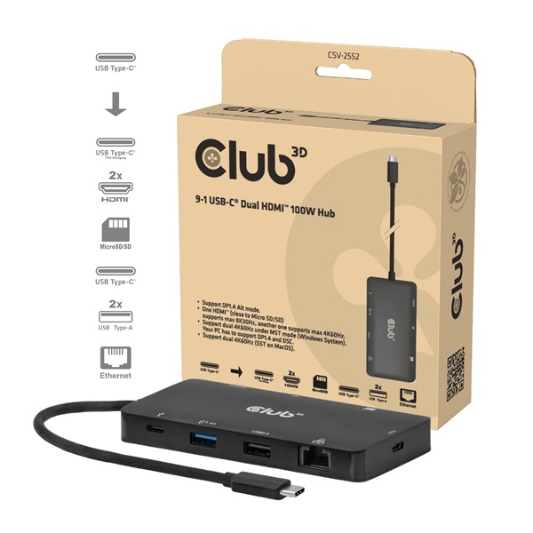 Club 3D USB Hub - CSV-2552 (USB-C to 2xUSB-C, 2xUSB-A, 2xHDMI, RJ45, SD/MicroSD, 100W PD, 4K60hz) - Image 1