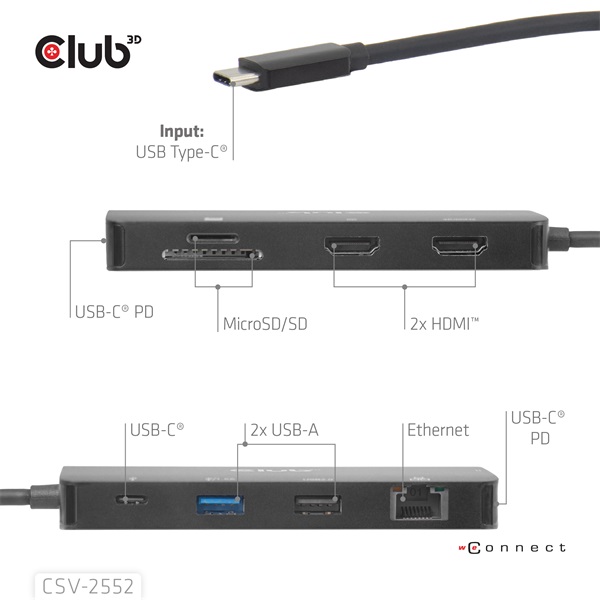 Club 3D USB Hub - CSV-2552 (USB-C to 2xUSB-C, 2xUSB-A, 2xHDMI, RJ45, SD/MicroSD, 100W PD, 4K60hz) - Image 4