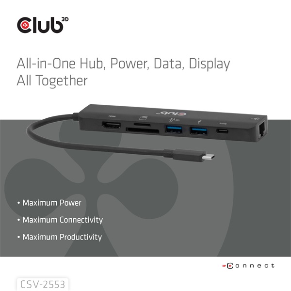 Club 3D USB Hub - CSV-2553 (USB-C to USB-C, 2xUSB-A, HDMI, RJ45, SD/MicroSD, 100W PD, 4K60hz) - Image 2