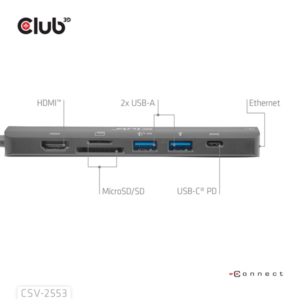 Club 3D USB Hub - CSV-2553 (USB-C to USB-C, 2xUSB-A, HDMI, RJ45, SD/MicroSD, 100W PD, 4K60hz) - Image 4