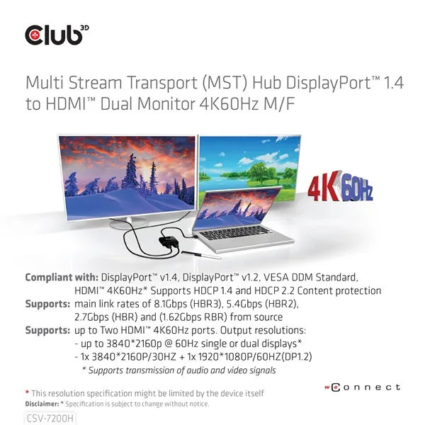 Club 3D MST Hub - CSV-7200H (DisplayPort 1.4 to 2x HDMI, 2x 4K60Hz) - Image 8