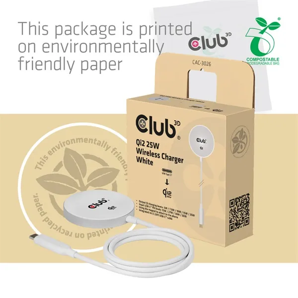 Club 3D Vezeték nélküli töltő - CAC-3026 (Qi2 25W Wireless, 1m, fehér) - Image 9