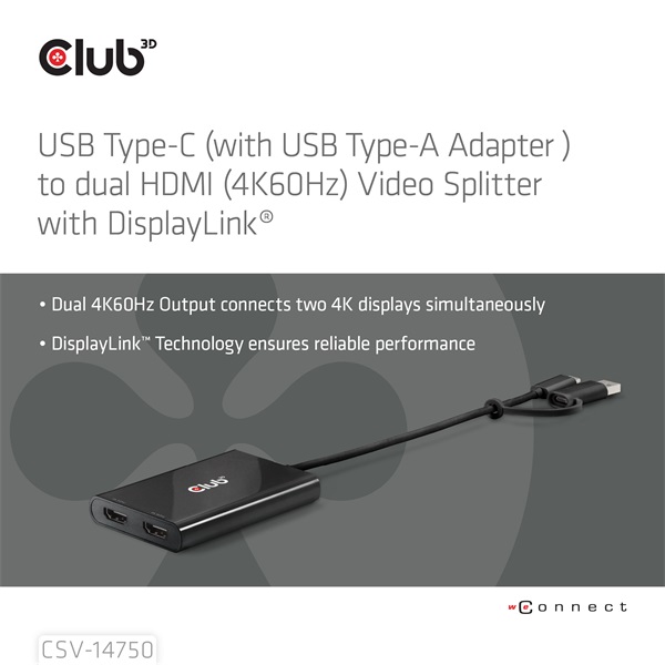 Club 3D Video Splitter - CSV-1475 (4K60HZ, 3.2 USB-C (USB-A Adapterrel) to 2xHDMI, Displaylink) - Image 2