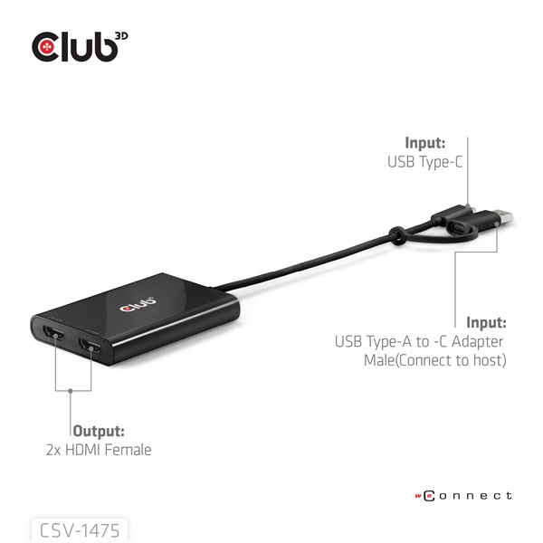 Club 3D Video Splitter - CSV-1475 (4K60HZ, 3.2 USB-C (USB-A Adapterrel) to 2xHDMI, Displaylink) - Image 4