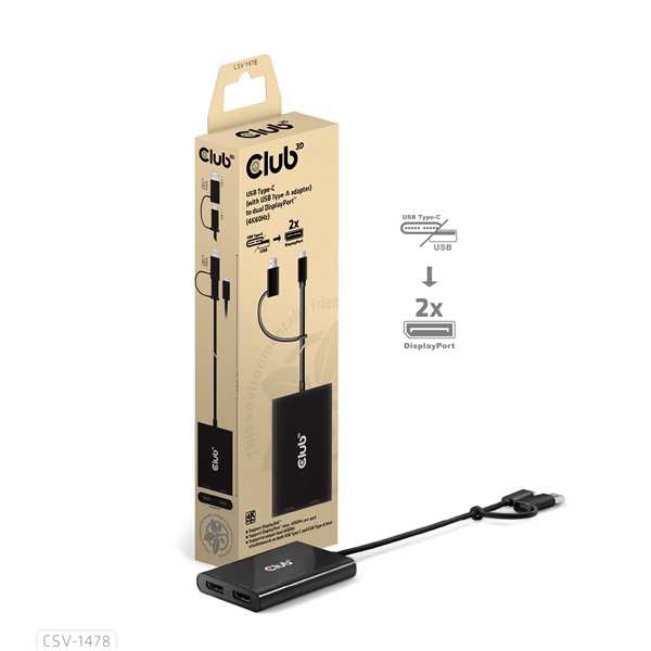 Club 3D Video Splitter - CSV-1478 (4K60HZ, 3.2 USB-C (USB-A adapterrel) to 2xDisplayPort) - Image 1
