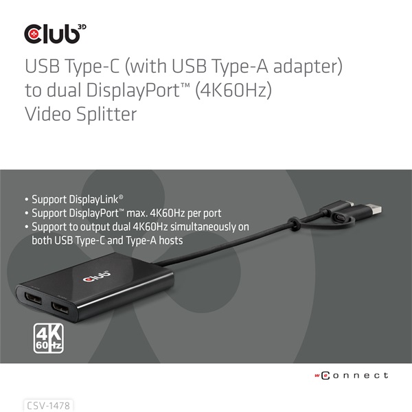 Club 3D Video Splitter - CSV-1478 (4K60HZ, 3.2 USB-C (USB-A adapterrel) to 2xDisplayPort) - Image 2