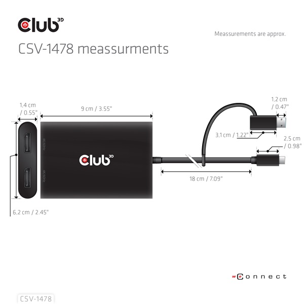 Club 3D Video Splitter - CSV-1478 (4K60HZ, 3.2 USB-C (USB-A adapterrel) to 2xDisplayPort) - Image 3