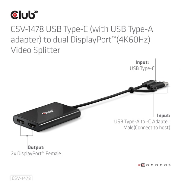 Club 3D Video Splitter - CSV-1478 (4K60HZ, 3.2 USB-C (USB-A adapterrel) to 2xDisplayPort) - Image 4