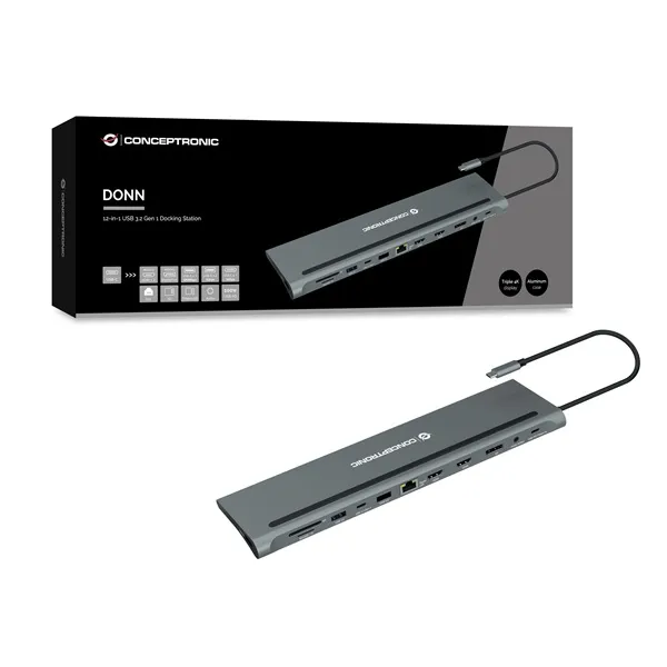 Conceptronic Notebook Dokkoló - DONN17G (USB-C to HDMI/DP/USB-C PD/USB-C data/USB 3.0/USB 2.0/SD/TF/GbE/AUX) - Image 2