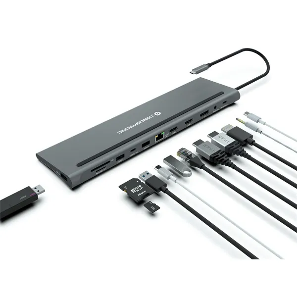 Conceptronic Notebook Dokkoló - DONN17G (USB-C to HDMI/DP/USB-C PD/USB-C data/USB 3.0/USB 2.0/SD/TF/GbE/AUX) - Image 5