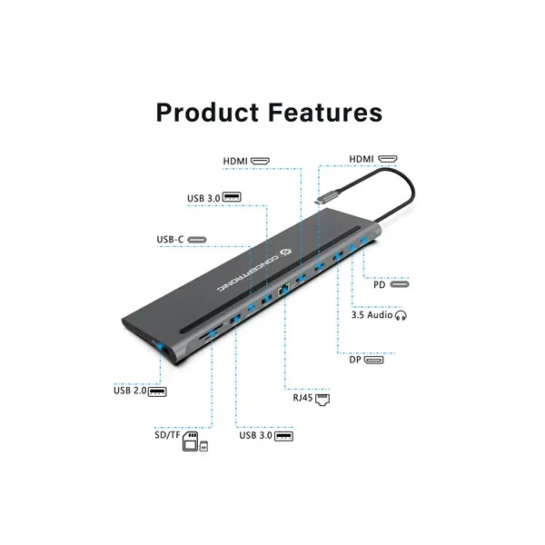 Conceptronic Notebook Dokkoló - DONN17G (USB-C to HDMI/DP/USB-C PD/USB-C data/USB 3.0/USB 2.0/SD/TF/GbE/AUX) - Image 6
